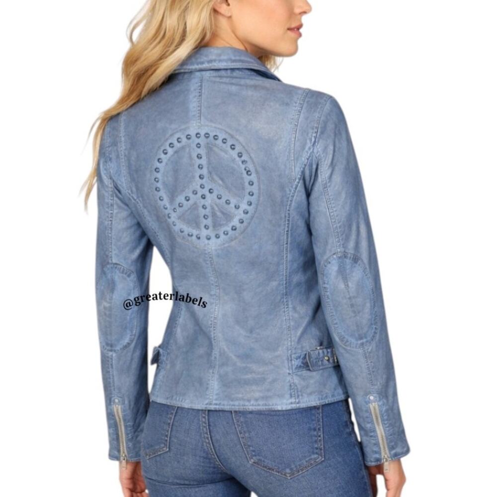 NEW Mauritius Maysie Peace Distressed Leather Jacket Blue Size M/8